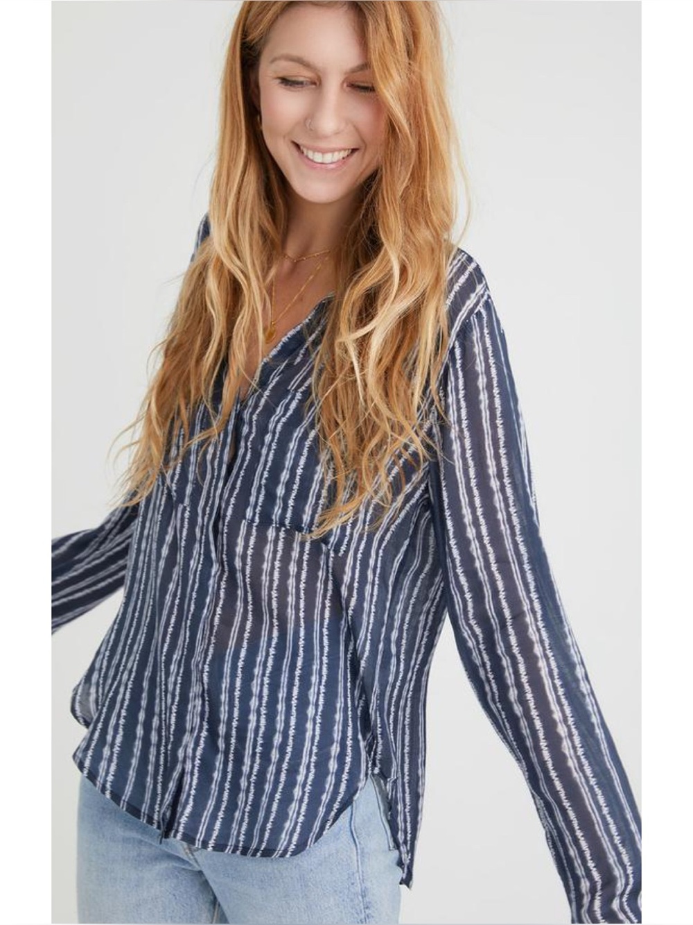Bella Dahl 100% Lyocell Hipster Button Down Shirt Navy Azura Stripe